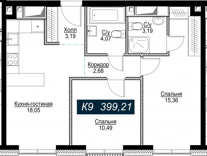 Трёхкомнатная квартира 103 м²