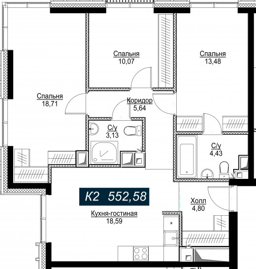 Трёхкомнатная квартира 102 м²