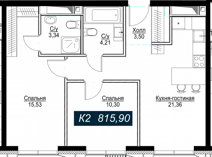 Трёхкомнатная квартира 100 м²